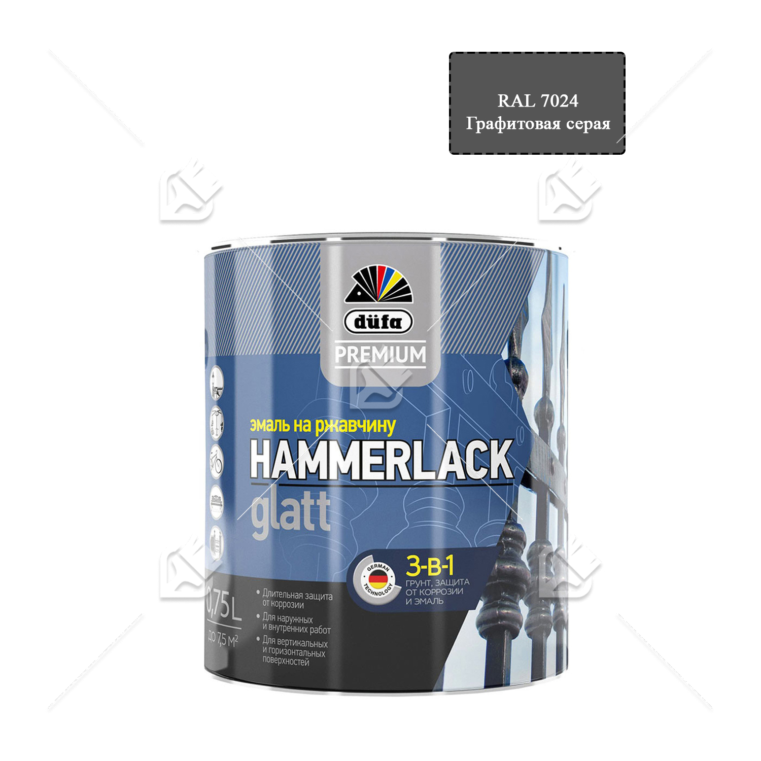 Эмаль на ржавчину Dufa Premium Hammerlack 3-в-1 гладкая RAL 7024 графитовая серая 0,75 л
