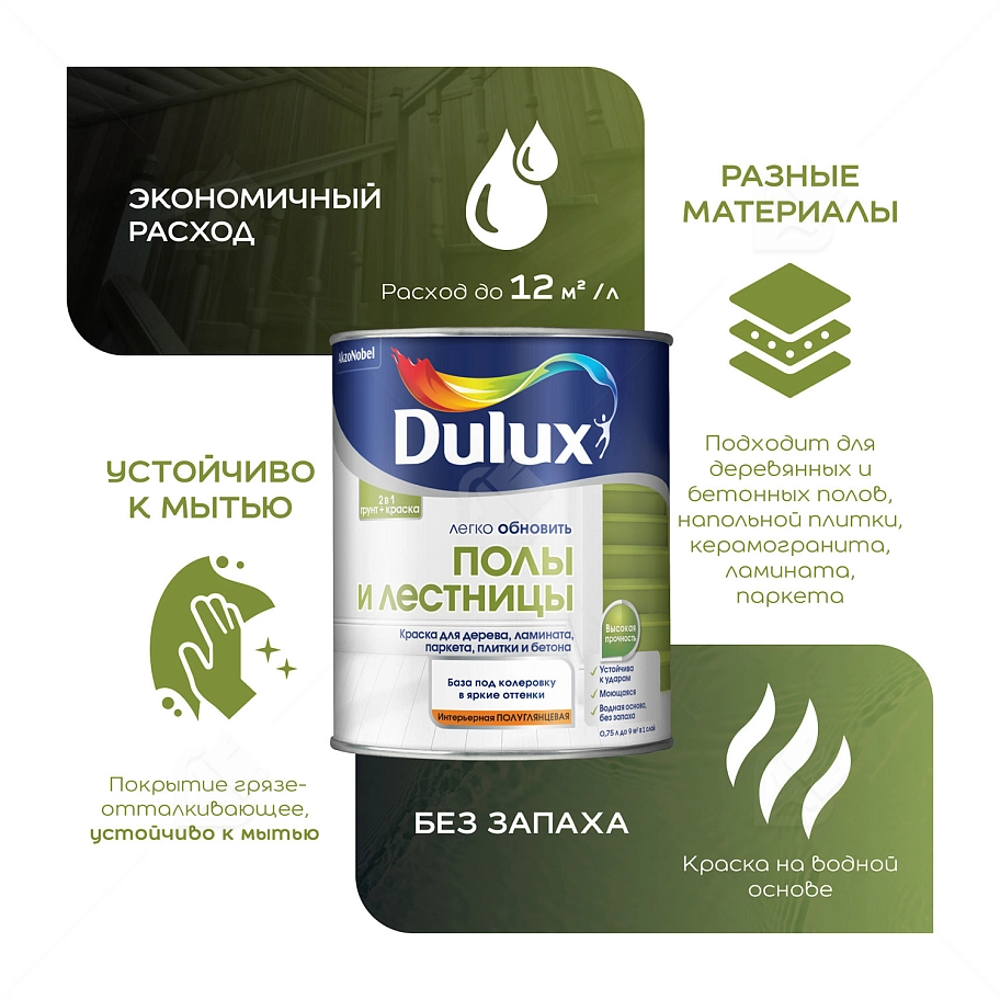 Краска для напольных покрытий водно-дисперсионная Dulux Полы и лестницы полуглянцевая база BW 0,75 л.