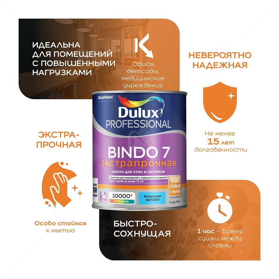 Краска для стен и потолков латексная экстрапрочная Dulux Professional Bindo 7 матовая база BW 1 л.