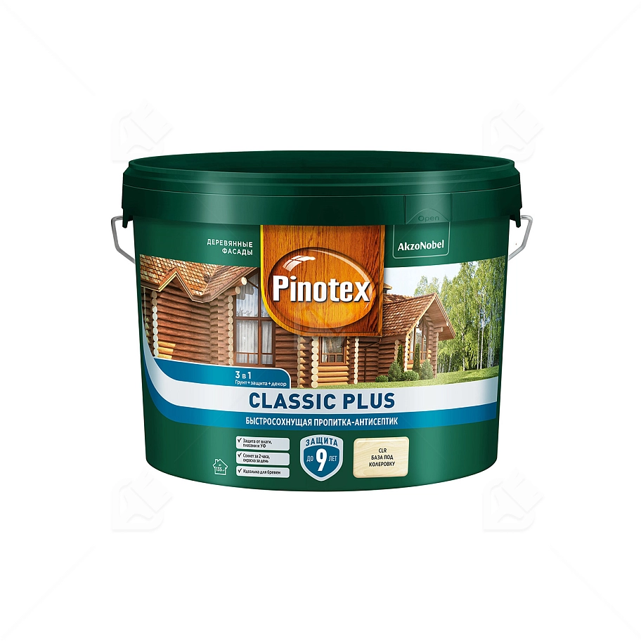 Пропитка декоративная для защиты древесины Pinotex Classic Plus 3 в 1 база CLR 9 л.