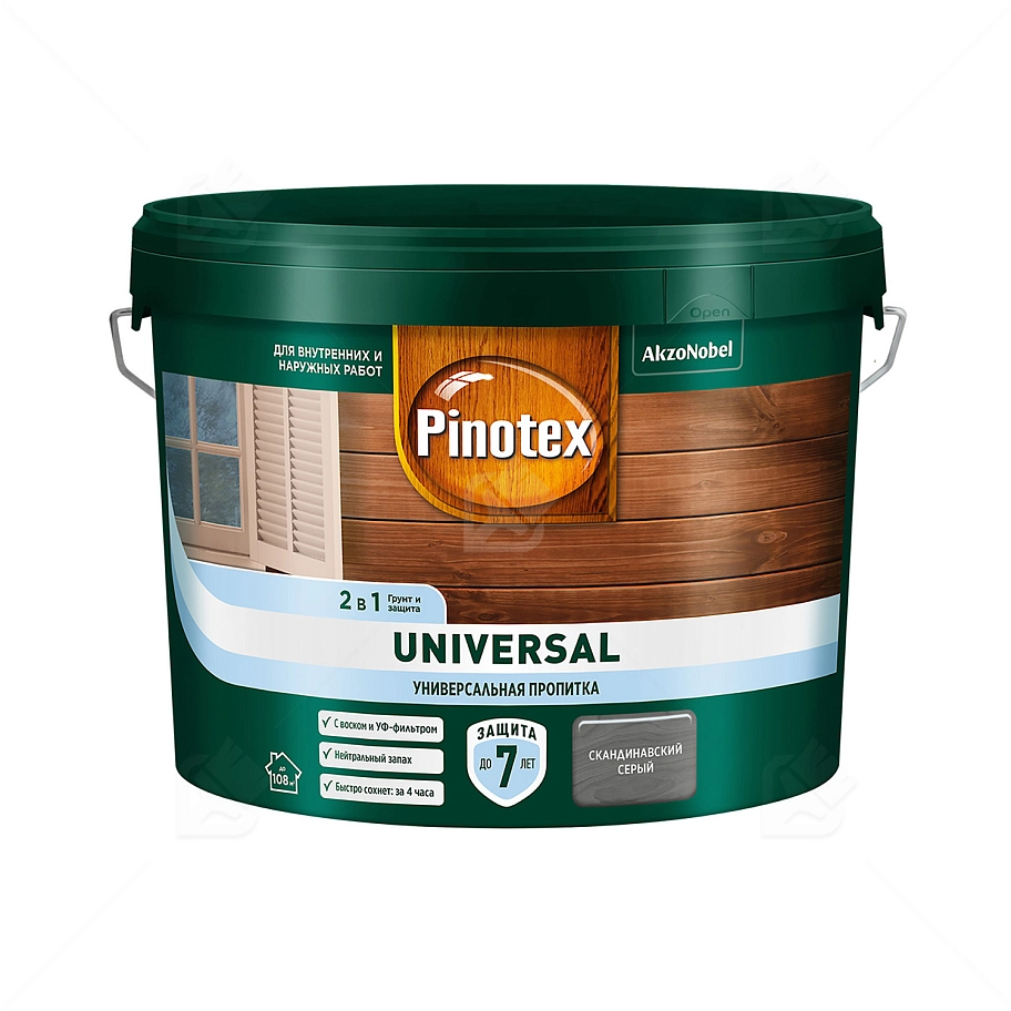 Pinotex Universal 2 в 1 универсальная пропитка для древесины Скандинавский серый 9 л