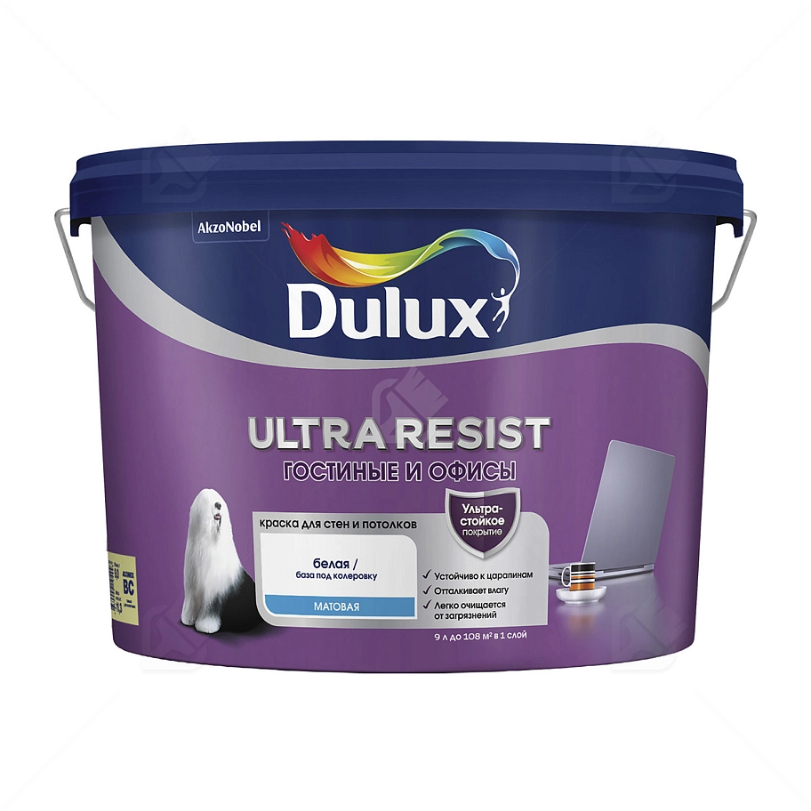 Краска для стен и потолков латексная Dulux Ultra Resist Для Гостиной и Офиса матовая база BC 9 л