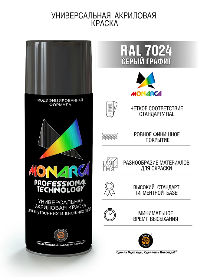 Краска универсальная аэрозольная акриловая Eastbrand Monarca RAL 7024 серый графит 520 мл.