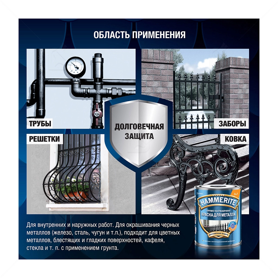Краска для металлических поверхностей алкидная Hammerite гладкая RAL 9005 черная 0,75 л.