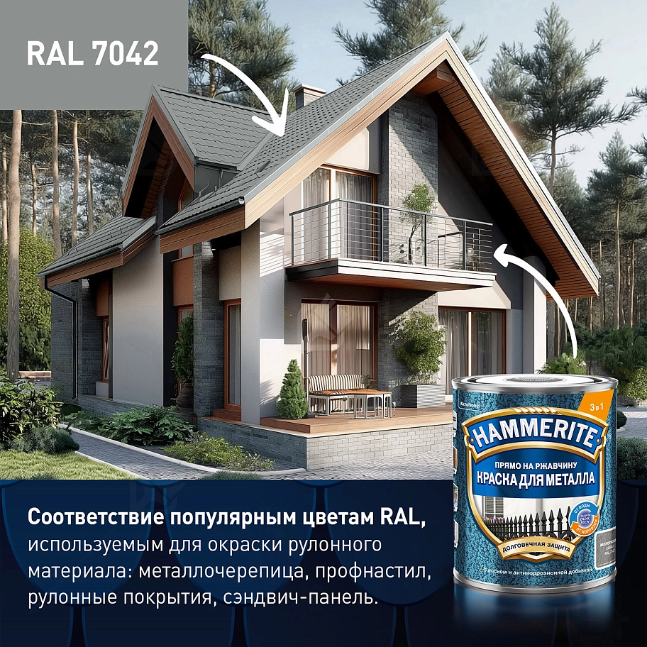 Краска для металлических поверхностей алкидная Hammerite молотковая серая 0,75 л.